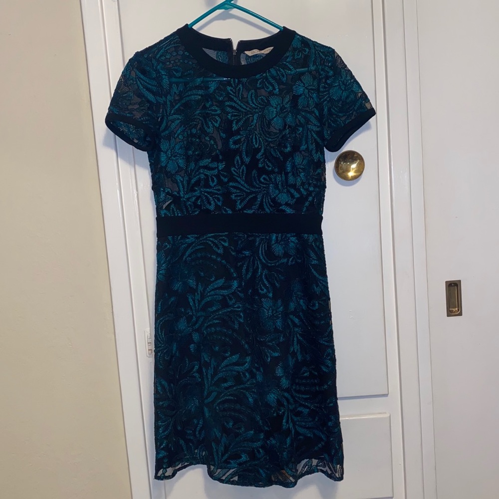Rachel Roy Dark Green Floral Mesh Overlay Dress
